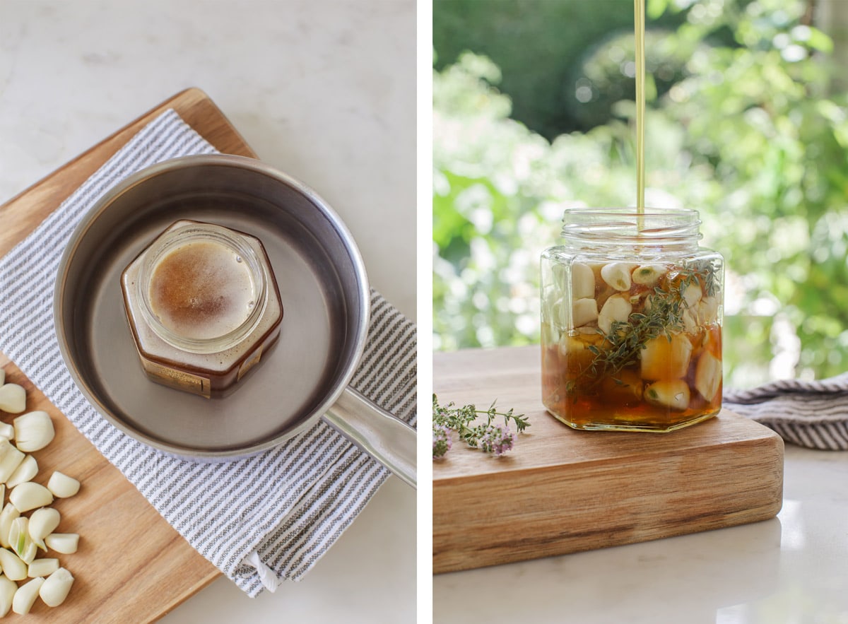 On the left: a jar of honey resting in a saucepan of hot water to soften. On the right: liquified honey is being poured into a glass jar full of bruised garlic cloves and a sprig of thyme.