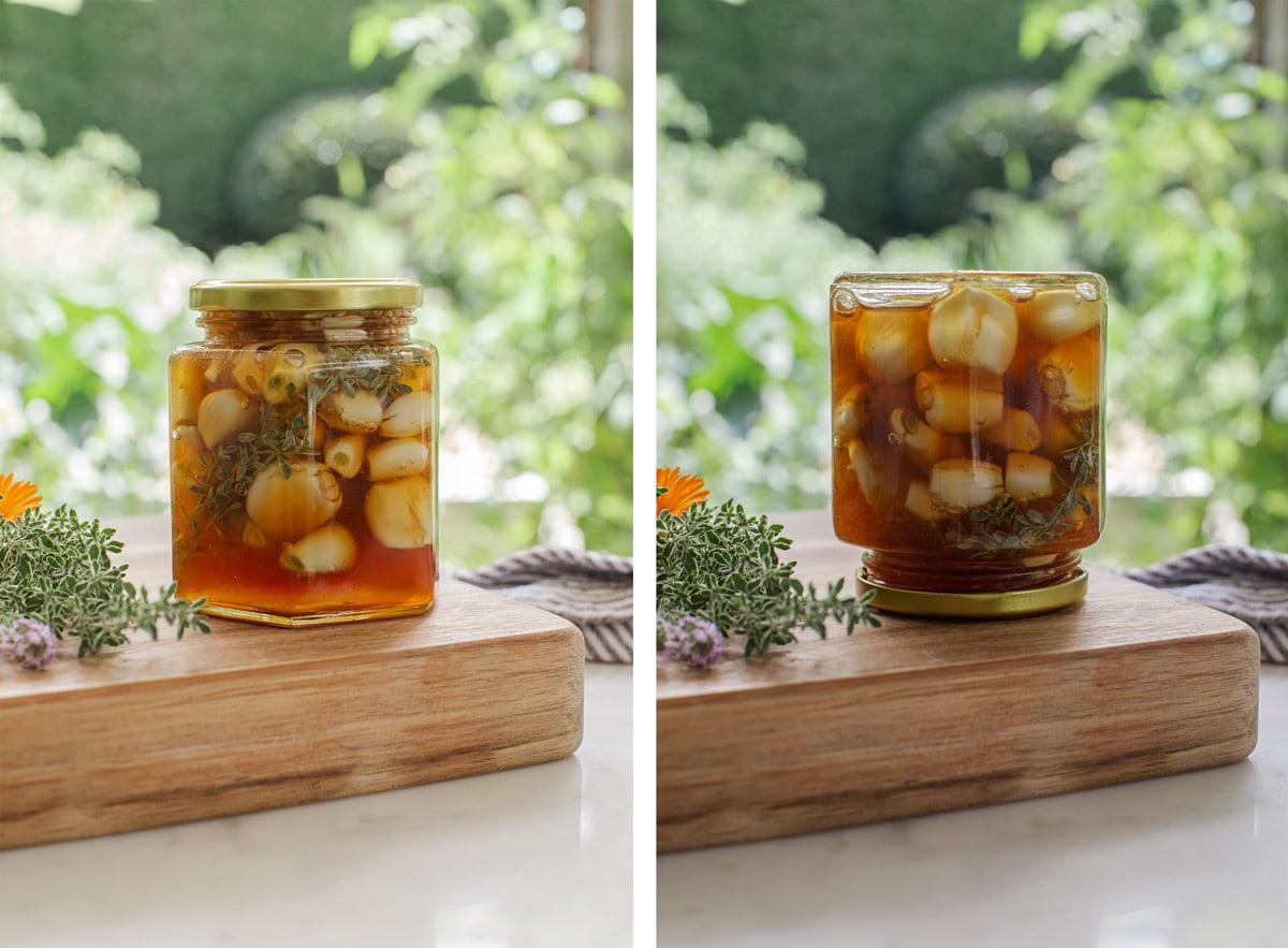 Two images side by side showing a capped jar of garlic honey right way up and then flipped upside down, to coat the garlic.