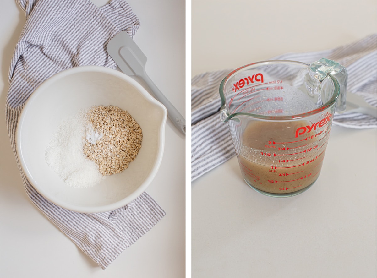 Two photos side by side, on the left is a large mixing bowl filled with all the dry ingredients needed for this recipe, on the right is a Pyrex jug filled with all the wet ingredients.