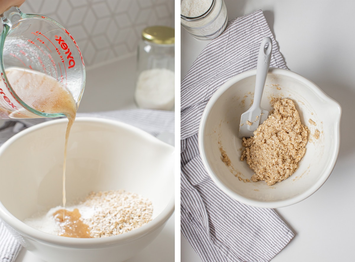 Two photographs side by side. On the left, Lauren is pouring the wet ingredients into the mixing bowl. On the right, the mixture has come together in a dough.