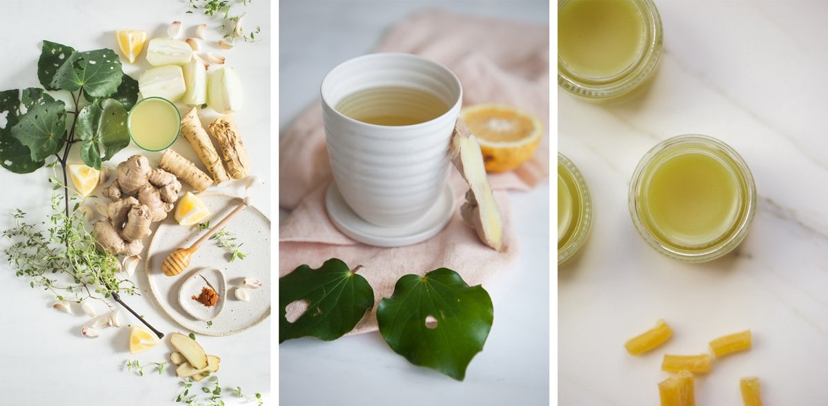 Three images. On the left, flat lay of ingredients for a digestive tonic, including kawakawa leaves. In the middle, kawakawa tea with fresh lemon and ginger beside it. On the right, several jars of green kawakawa balm.