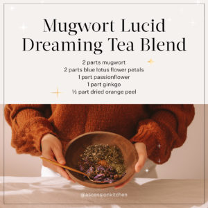 Infographic with the recipe for a lucid dreaming tea blend - 2 parts each of mugwort and blue lotus flower, 1 part each of passionflower and ginkgo, half a part of dried orange peel.