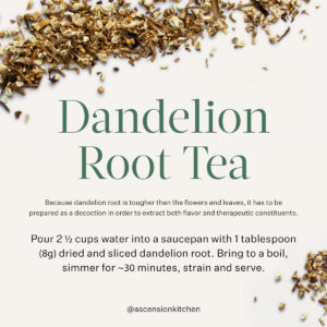 A graphic detailing how to make dandelion root tea. Roasted dandelion root is sprinkled over the background.