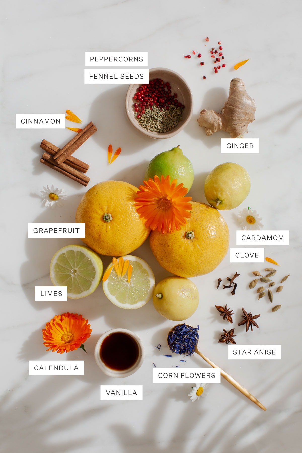 Flat lay of all the ingredients required to make a potpourri in your crockpot.