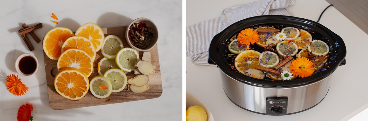 Image on the left shows sliced citrus fruits and ginger on a wooden board. Image on the right shows a crockpot on the kitchen bench filled with potpourri ingredients.